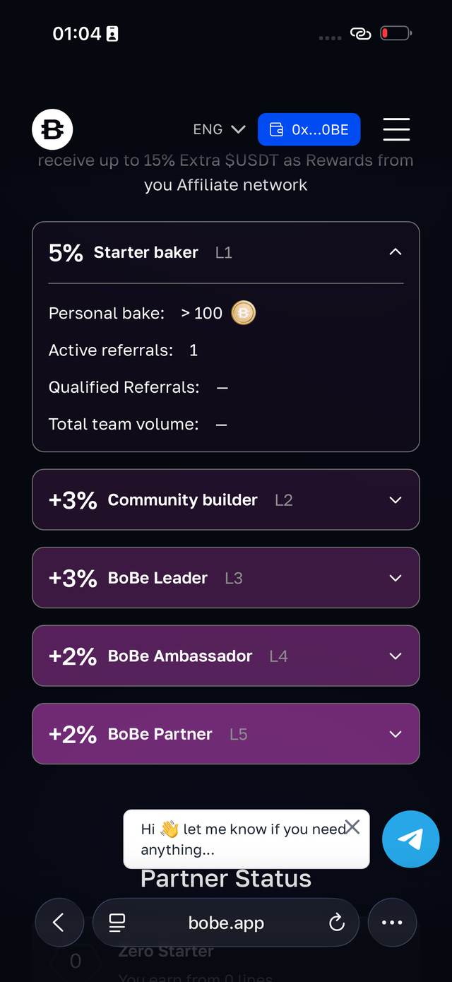 L1 Starter baker: >100 BOBE, 1 реферал