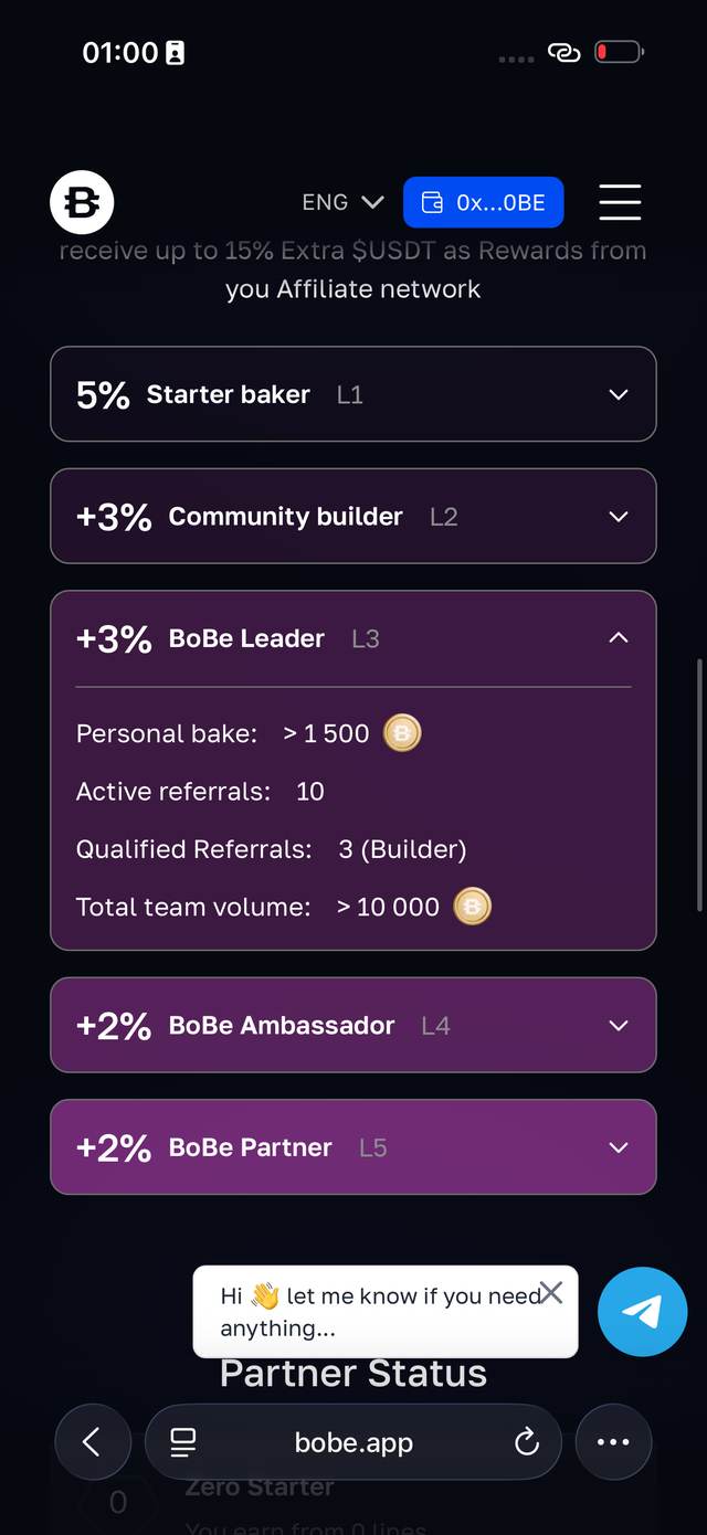 L3: >1500 BOBE, 10 рефералов, 3 Builder, >10000