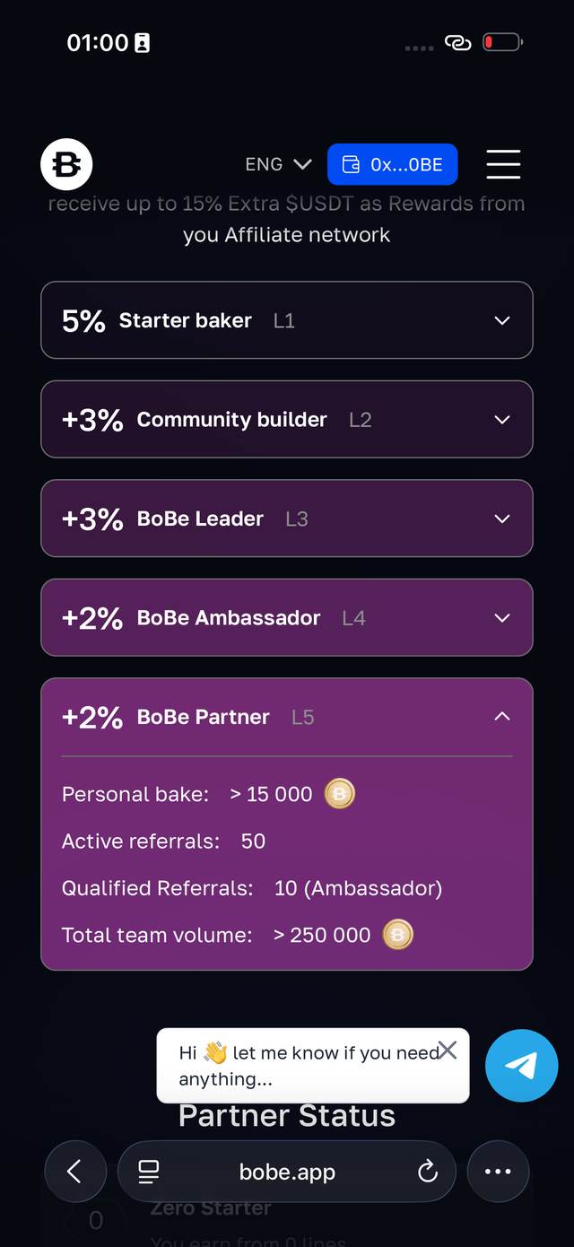 L5: >15000 BOBE, 50 рефералов, 10 Ambassador, >250000